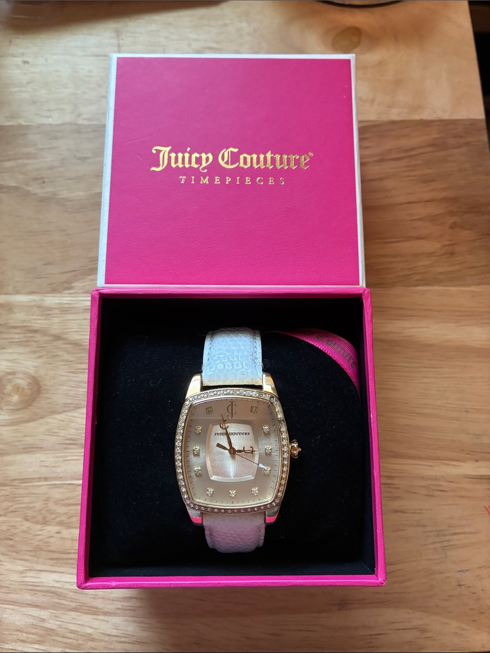 Juicy Couture Gold-Tone Watch with White Strap and Crystal Accents